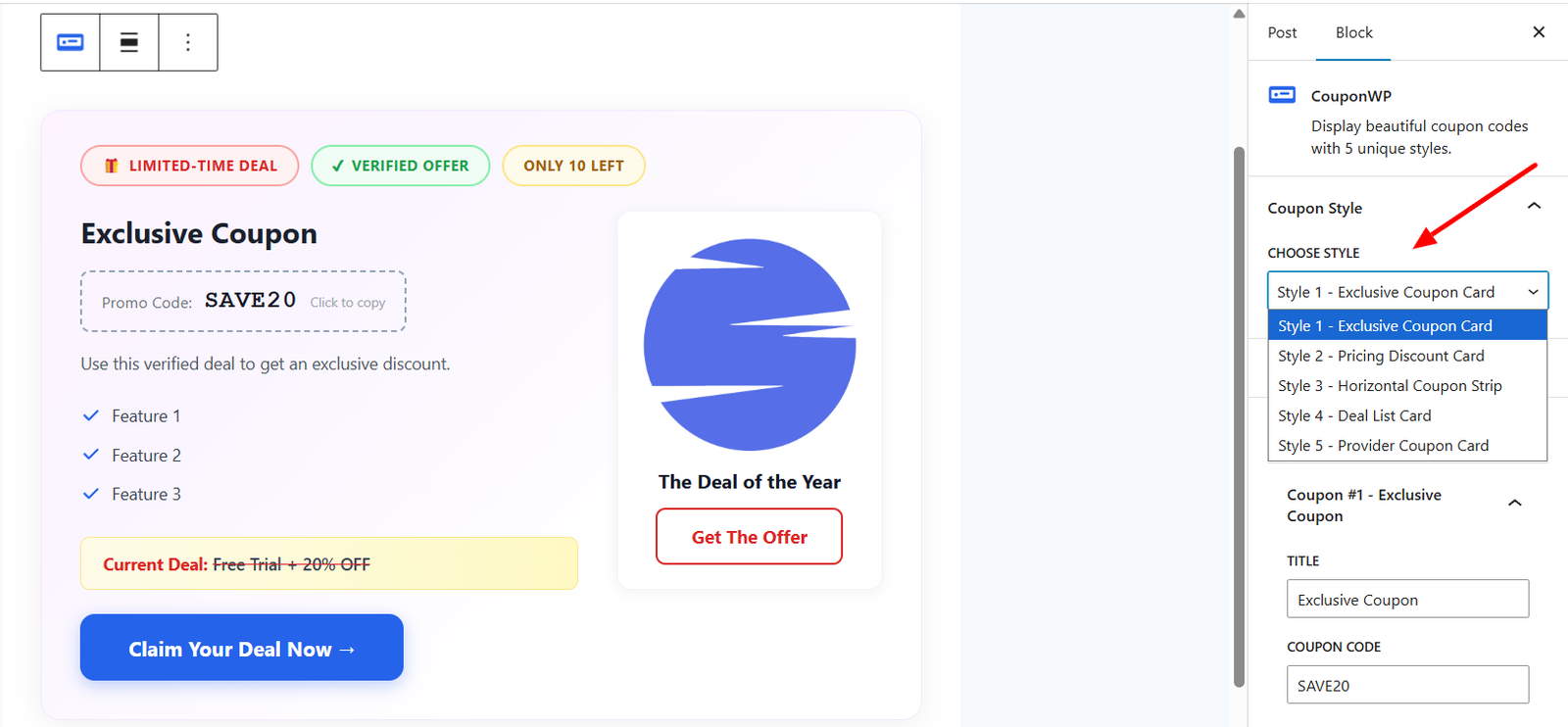 Pro Coupon Blocks block editor sidebar — choose from 5 coupon styles via dropdown, then fill in title, promo code, and CTA details