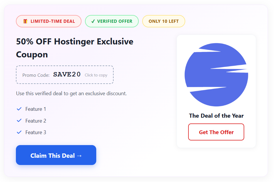 Pro Coupon Blocks Full Card style — with FOMO badges, click-to-copy promo code box, feature list, brand image, and claim button
