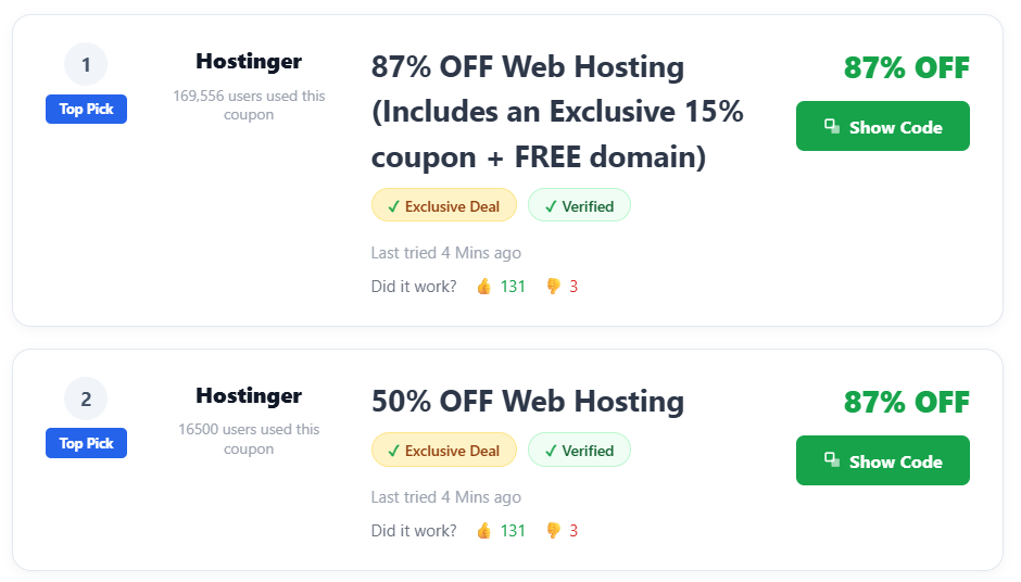 Pro Coupon Blocks List Ranking style — numbered coupons with Top Pick badge, usage count, verified badges, and feedback widget
