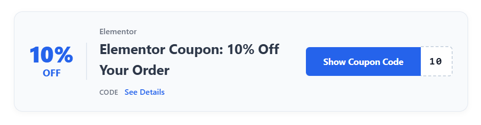 Pro Coupon Blocks Compact style — single horizontal row with discount %, brand, title, and show code button