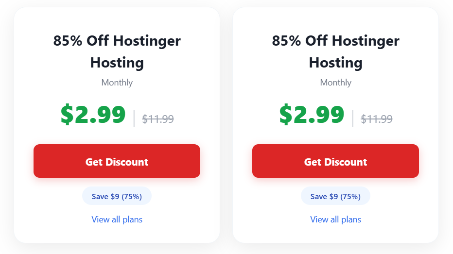 Pro Coupon Blocks Pricing Card style — two cards side by side showing discounted price, savings chip, and get discount button