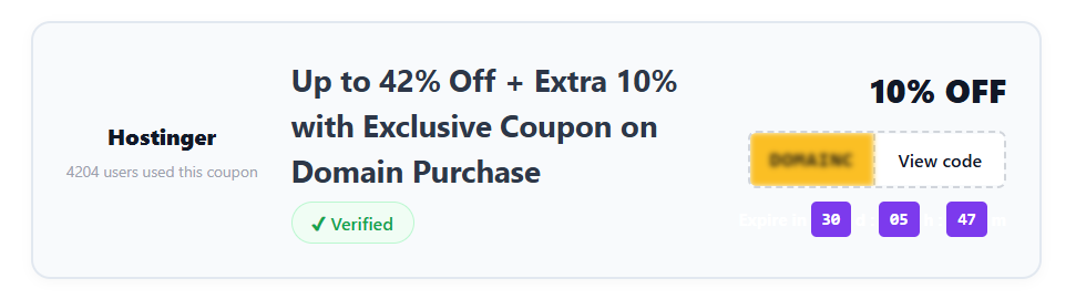 Pro Coupon Blocks Minimal style — clean bar with brand, verified badge, countdown timer, and view code button
